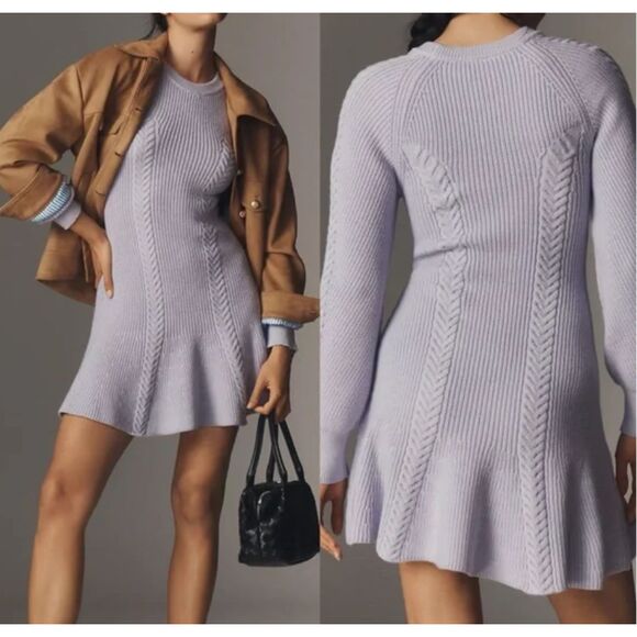 ~ NEW! XL Anthropologie Knit Sweater Dress Skater Mini Lavender Long Sleeve NWT - Picture 3 of 16